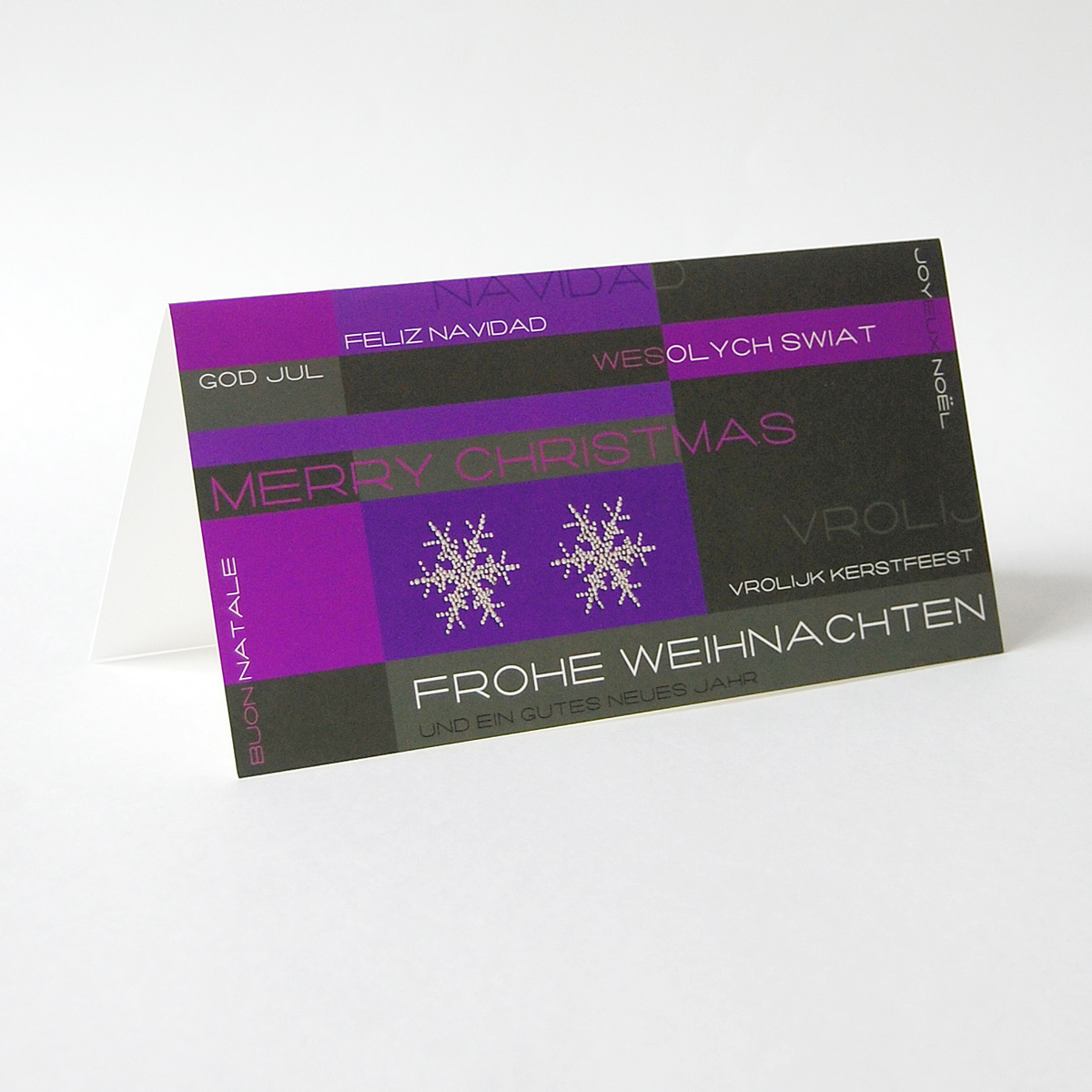 Frohe Weihnachten in vielen Sprachen, lila Weihnachtskarten: Vrolijk Kerstfeest, Wesolych Swiat ...