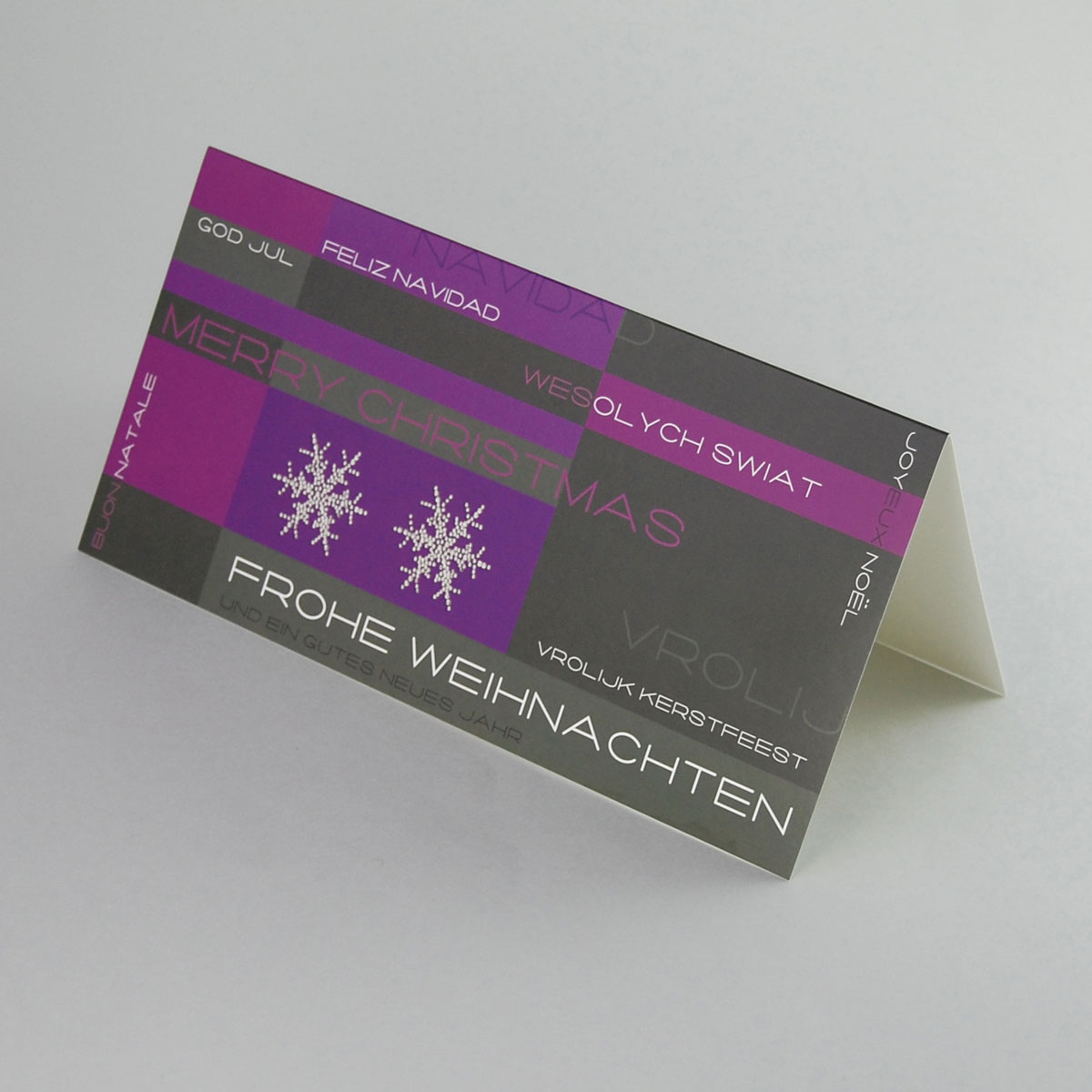 Frohe Weihnachten in vielen Sprachen, lila Weihnachtskarten: Vrolijk Kerstfeest, Wesolych Swiat ...