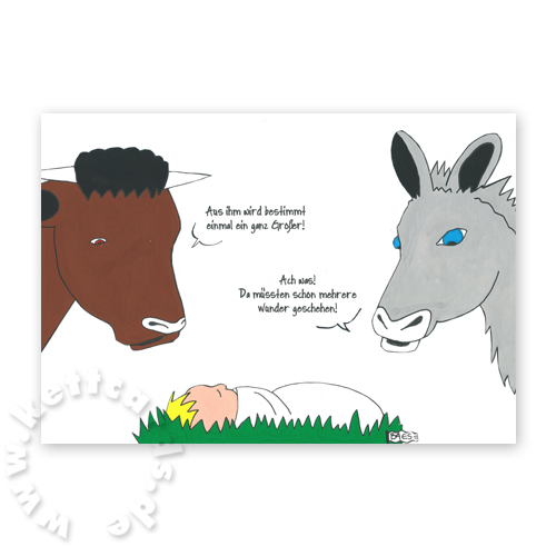 christliche Cartoon-Weihnachtskarte mit Ochs und Esel