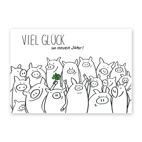 Viel Glück im neuen Jahr! Neujahrskarten mit Schweinen und Glücksklee