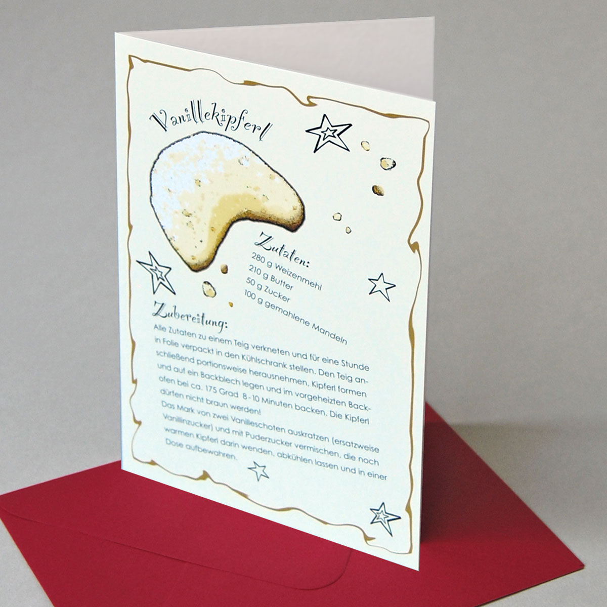 Weihnachtskarten mit Rezept für Vanillekipferl und farbigen Umschlägen