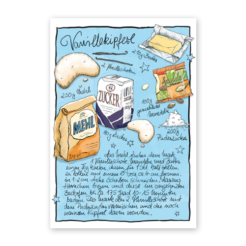 Adventskarten mit illustriertem Rezept für Vanillekipferl