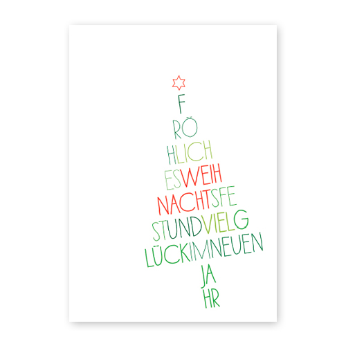 Weihnachtskarten mit einem Weihnachtsbaum aus Buchstaben, Fröhliches Weihnachtsfest und viel Glück im neuen Jahr