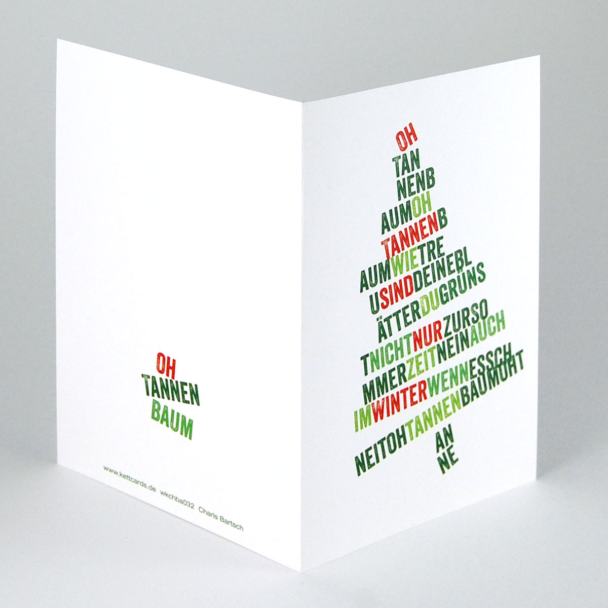 Weihnachtskarten mit Schriftgestaltung, das Lied Oh Tannenbaum zu einem Tannenbaum zusammengesetzt