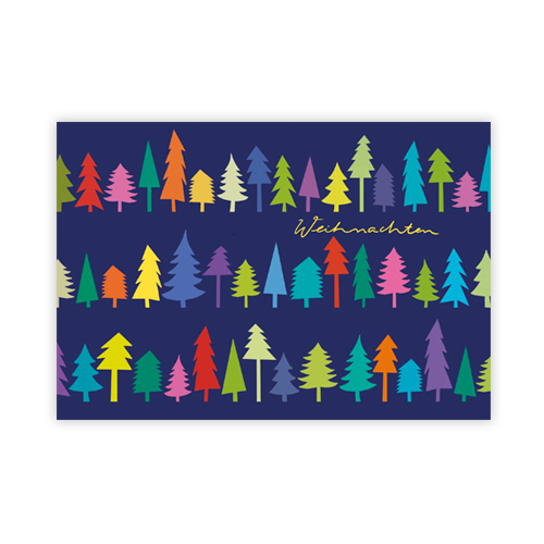 Weihnachten, blaue Designer-Weihnachtskarten mit bunten Bäumen