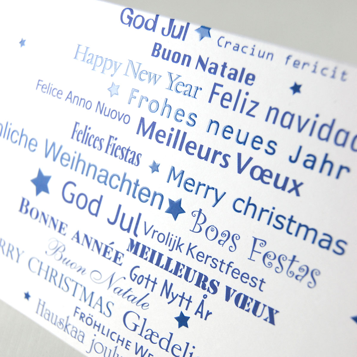 Fröhliche Weihnachten, Feliz navidad, God Jul - blaue Weihnachtskarten mit edlem Relieflack (HKS 42)