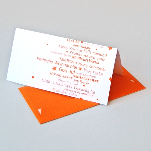 Fröhliche Weihnachten - orange Weihnachtskarten mit Wünschen in vielen Sprachen