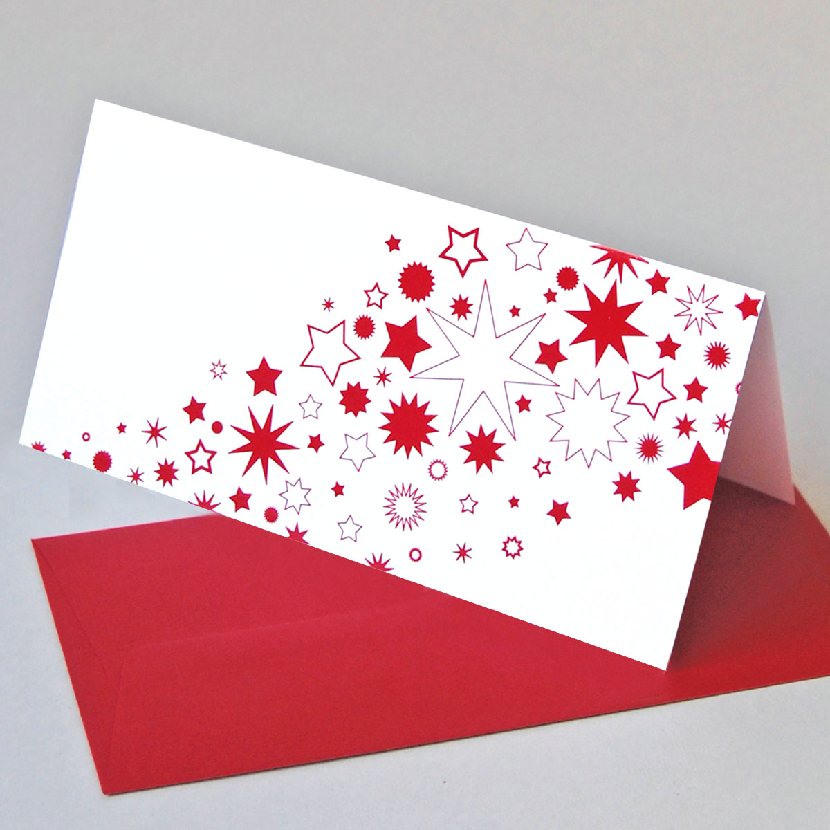 rote Sterne - Weihnachtskarten mit mit UV-Relieflack und roten Umschlägen
