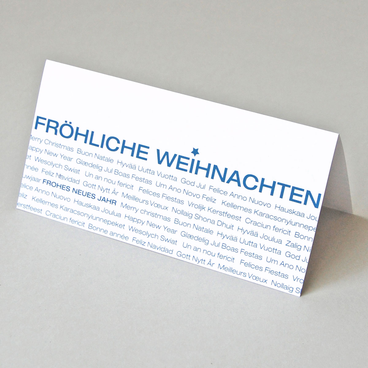 FRÖHLICHE WEIHNACHTEN - blaue Weihnachtskarten mit Text, Druck in Firmenfarben