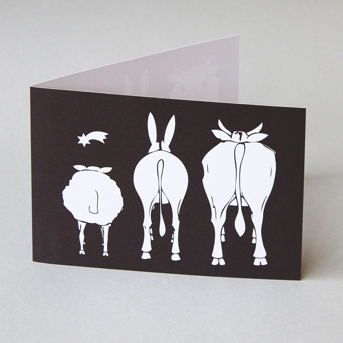 Ochs, Esel und Schaf, originelle Weihnachtskarten mit dem Stern von Betlehem