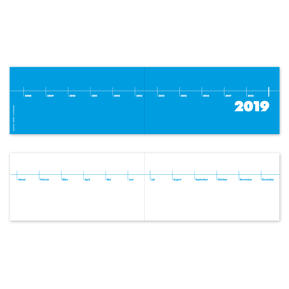 blaue Neujahrskarten mit Zeitleiste: Jahreszahlen und Monate, Druck in türkisblau (cyan)