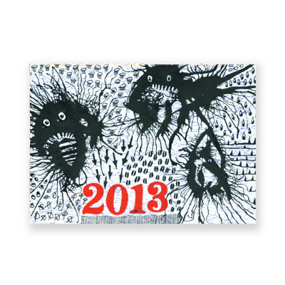 Jahreszahl mit vier Klecksmonstern, künstlerische Neujahrskarten