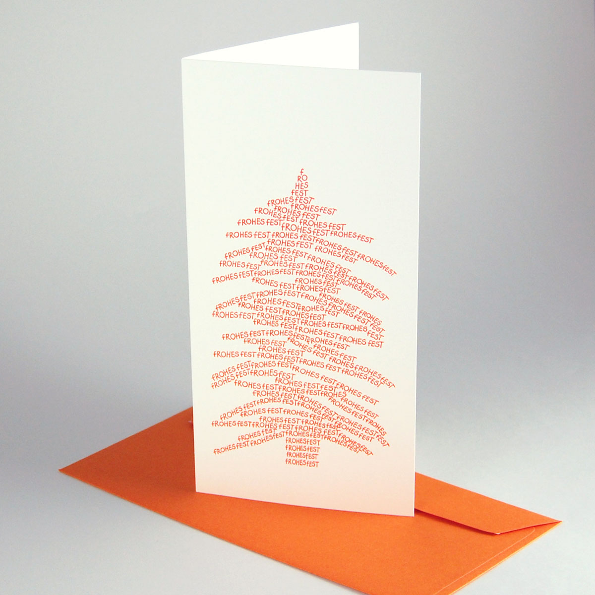 FROHES FEST (kalligrafischer Baum), orange Weihnachtskarten mit orangen Kuverts