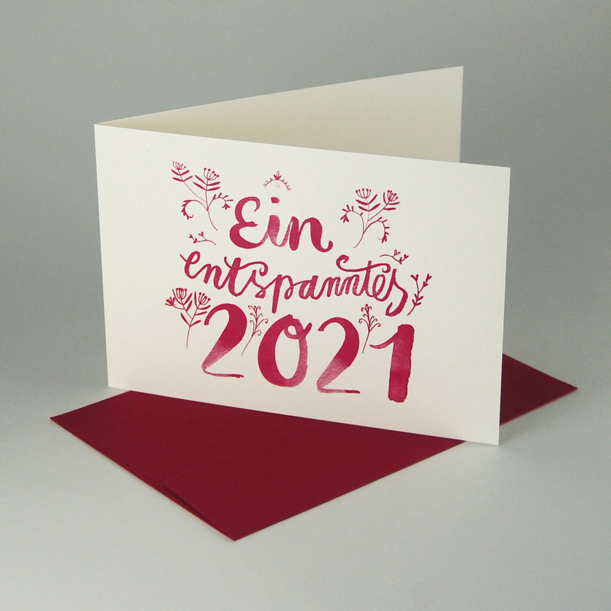 Ein entspanntes ..., rot gedruckte Recycling-Neujahrskarten mit roten Recycling-Umschlägen