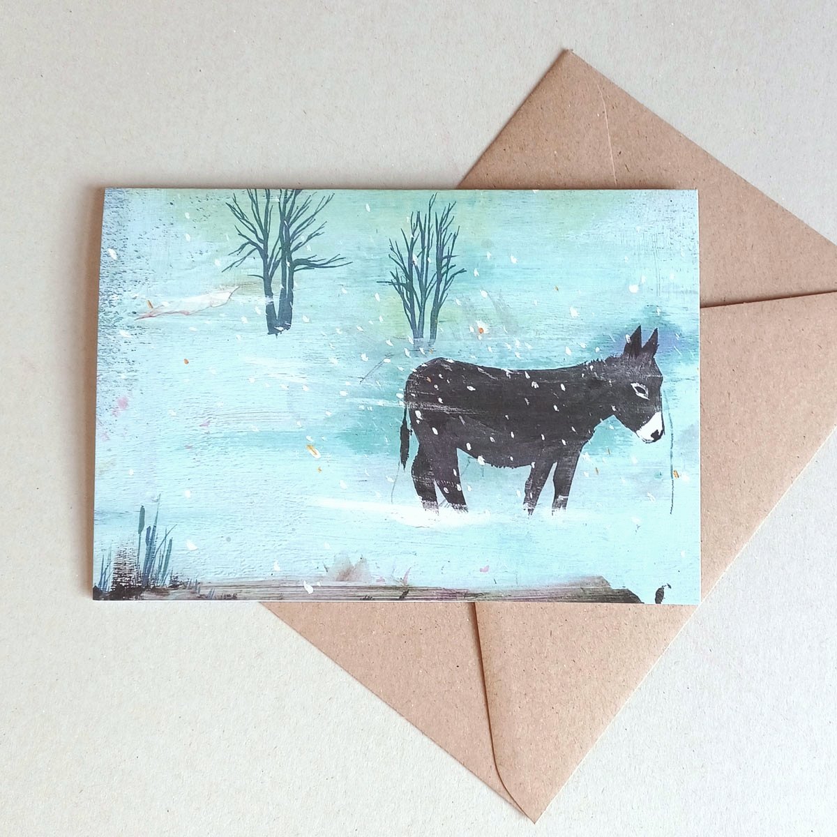 Esel im Schnee, little donkey - schöne Weihnachtskarten mit braunen Recyclingumschlägen