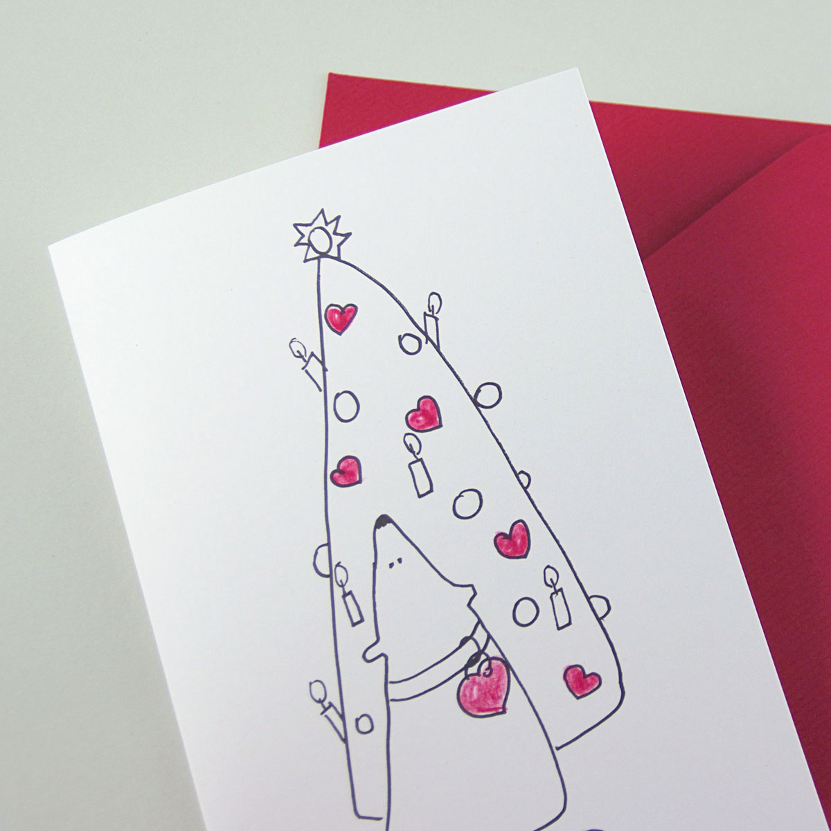 Hund unterm Christbaum, Weihnachtskarten zum Ausmalen mit roten Umschlägen