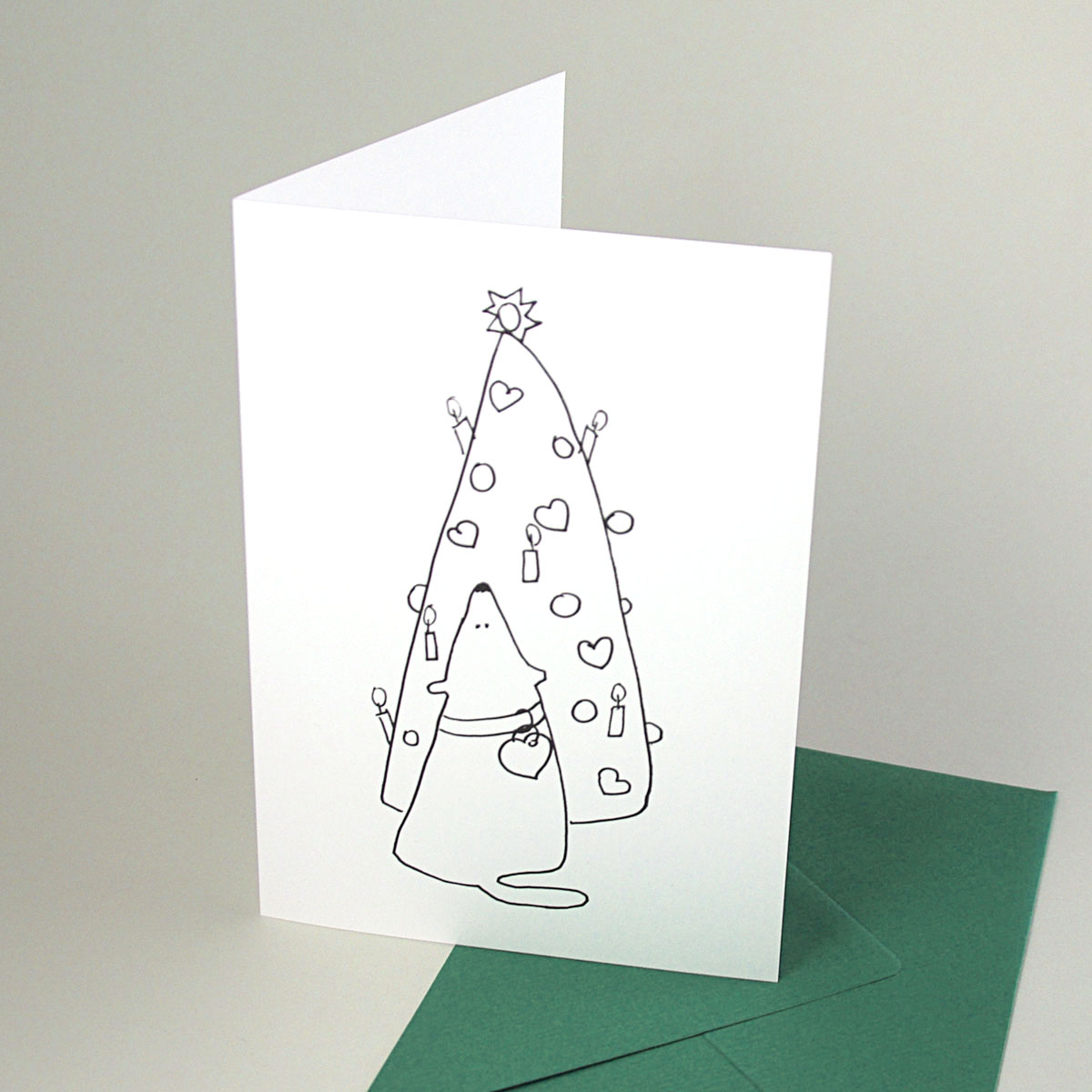 Hund vor dem Weihnachtsbaum, Weihnachtskarten mit dunkelgrünen Umschlägen