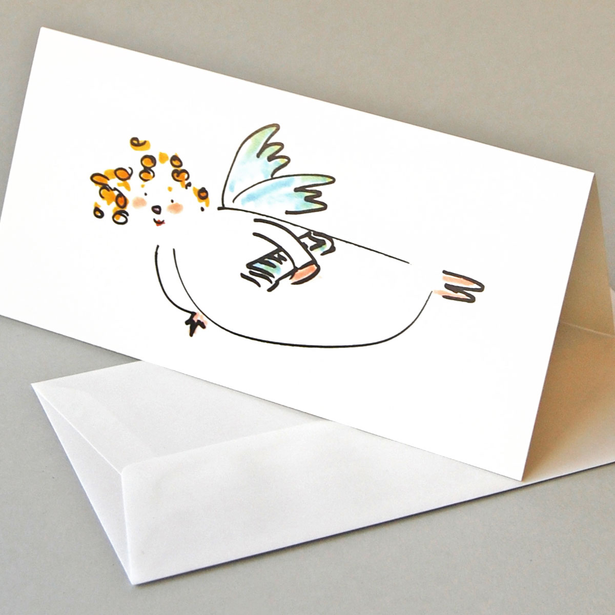 Fliegender Engel mit Zeitung unter dem Arm, schöne Weihnachtskarten mit Gohrsmühle-Umschlägen