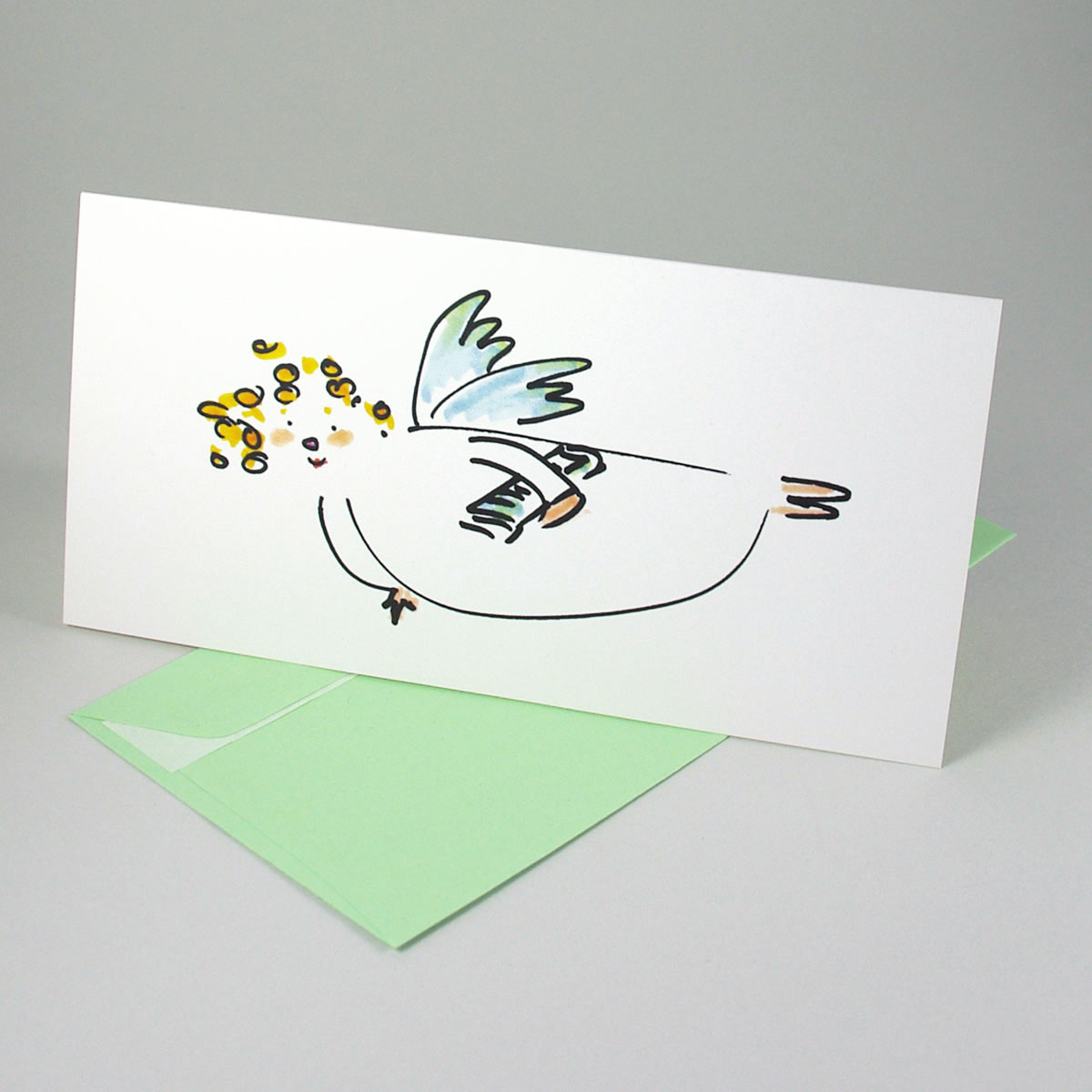 Fliegender Engel mit Zeitung unter dem Arm, schöne Weihnachtskarten mit