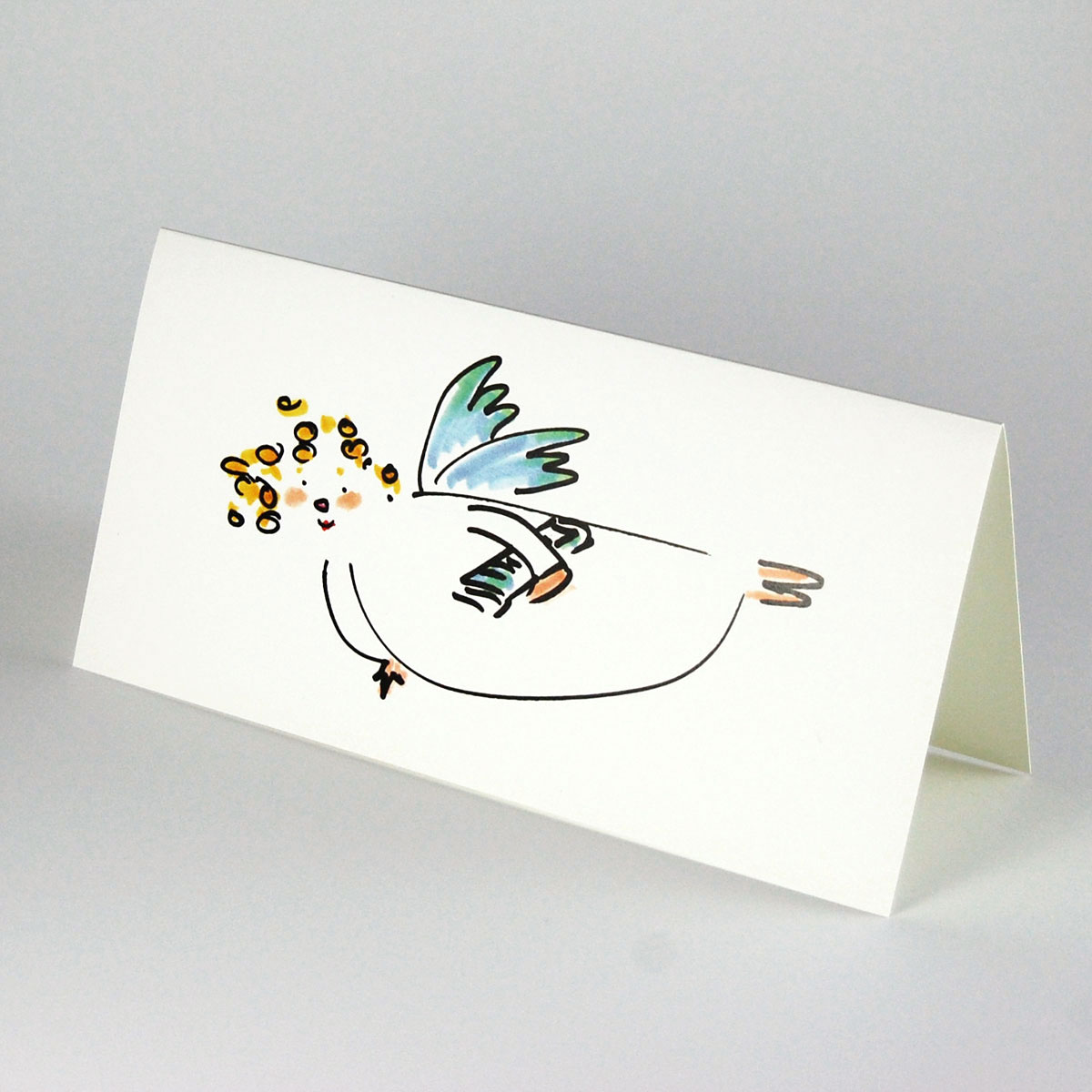 Glücksbote: Fliegender Engel mit Zeitung unter dem Arm, schöne Weihnachtskarten