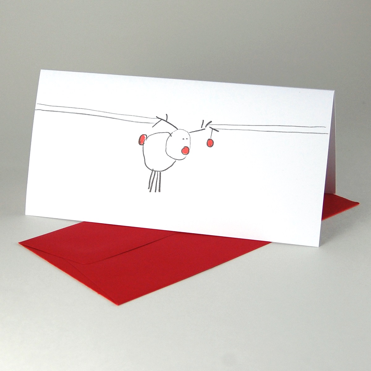 witzige Weihnachtskarten mit roten Umschlägen: Rudolf unter Strom