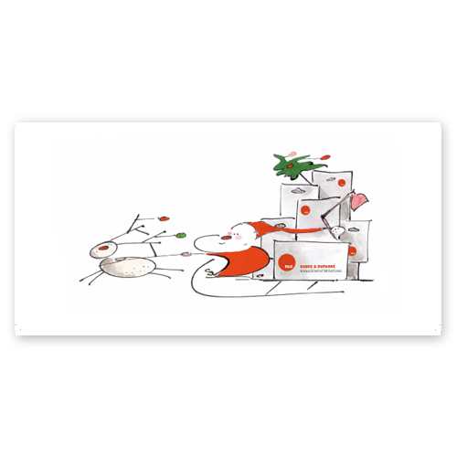individuell gezeichnete Weihnachtskarten: Weihnachtsmann mit Kutsche (und Firmenlogo)