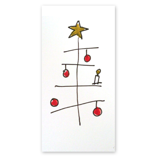 Weihnachtsbaum mit einer Kerze, drei Kugeln und einem Stern, minimalistische Weihnachtskarten