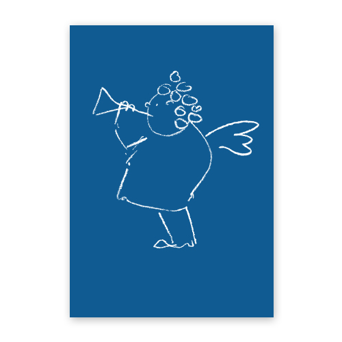 blaue Weihnachtskarten mit einem trötenden Engel