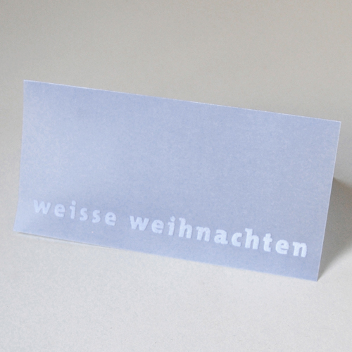 edles Design: beflockte Weihnachtskarten: weisse weihnachten auf blauem Transparentkarton