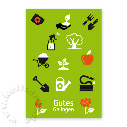 Gutes Gelingen - Neujahrskarten mit bunten Icons: Gießkanne, Schubkarre, Blumen, Samen