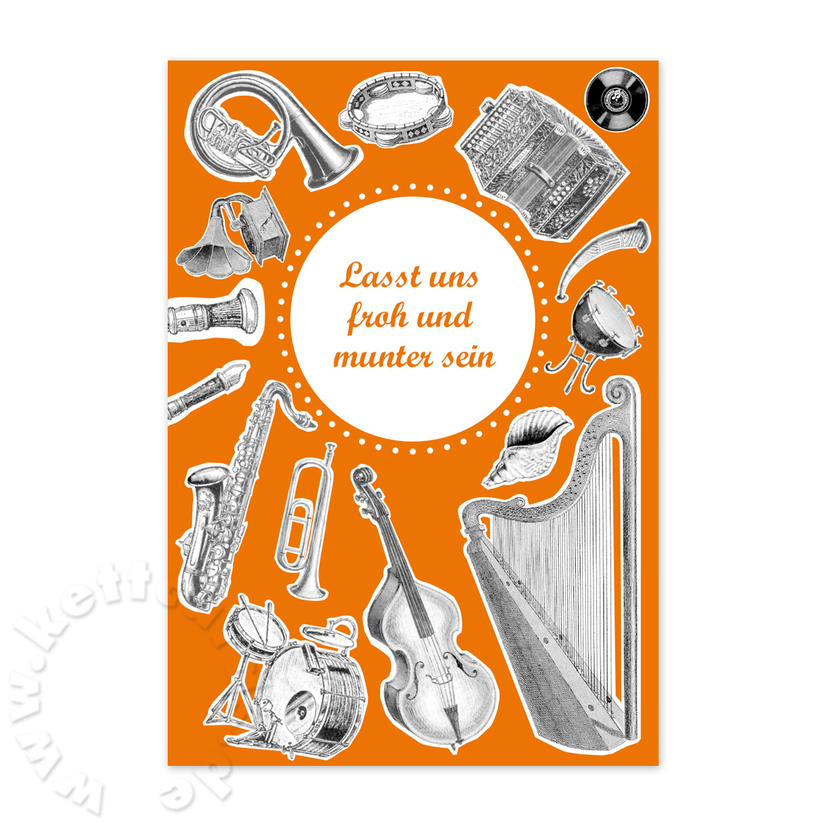 Lasst uns froh und munter sein, Weihnachtskarten mit Musikinstrumenten: Harfen, Trompeten, Rasseln