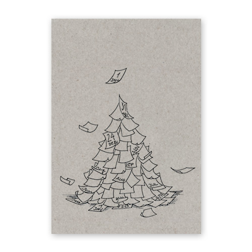 Jahresende, Weihnachtskarten mit Weihnachtsbaum aus heruntergefallenen Kalenderblättern