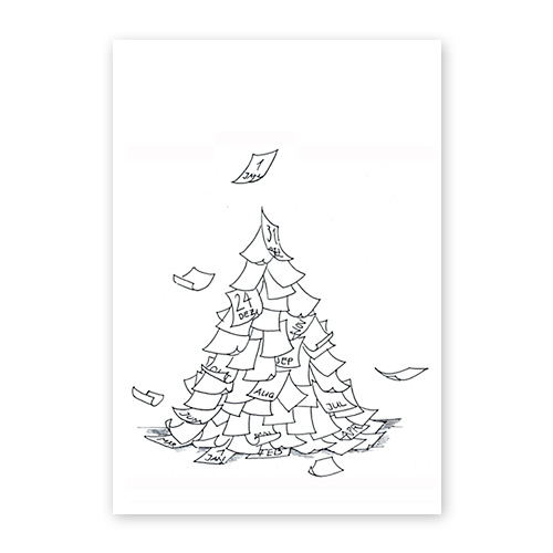 Jahresende, Weihnachtskarten mit Weihnachtsbaum aus heruntergefallenen Kalenderblättern