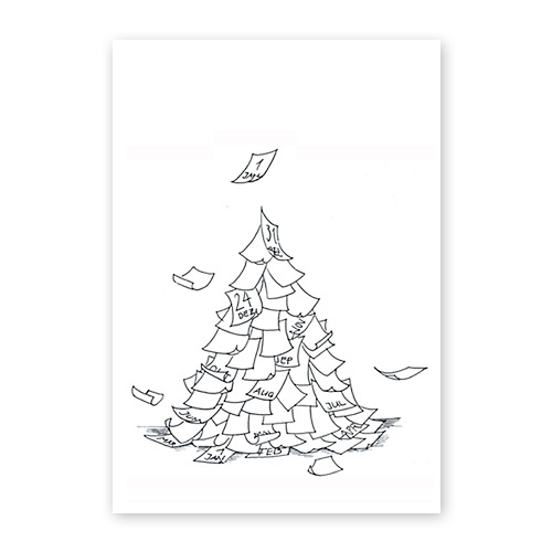 Jahresende, Weihnachtskarten mit Weihnachtsbaum aus heruntergefallenen Kalenderblättern