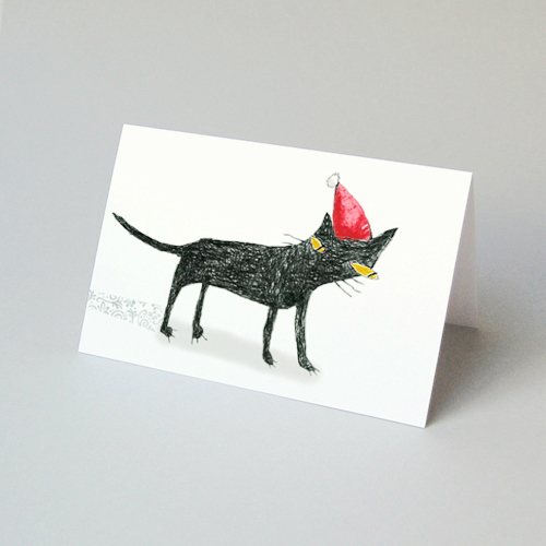 Weihnachtskater - Weihnachtskarten: schwarze Katze mit roter Weihnachtsmannmütze