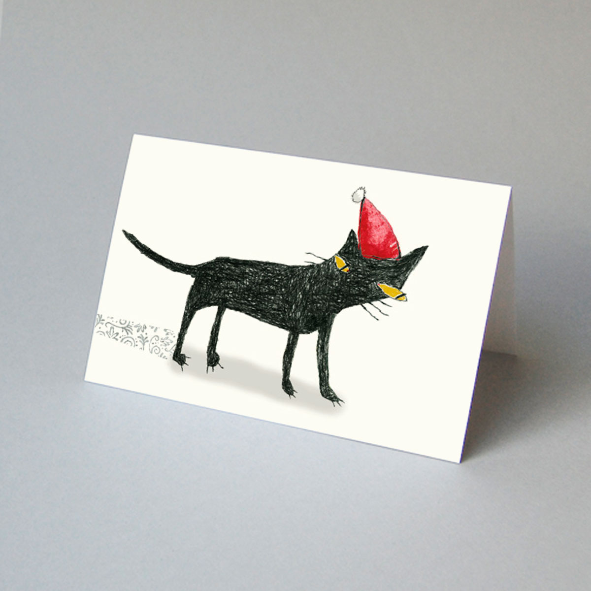 Weihnachtskater - Weihnachtskarten: schwarze Katze mit roter Weihnachtsmannmütze