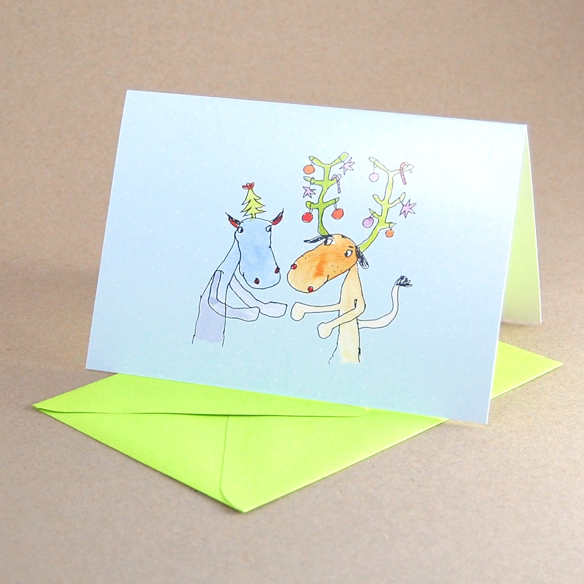 Druschba, Cartoon-Weihnachtskarten mit hellgrünen Kuverts