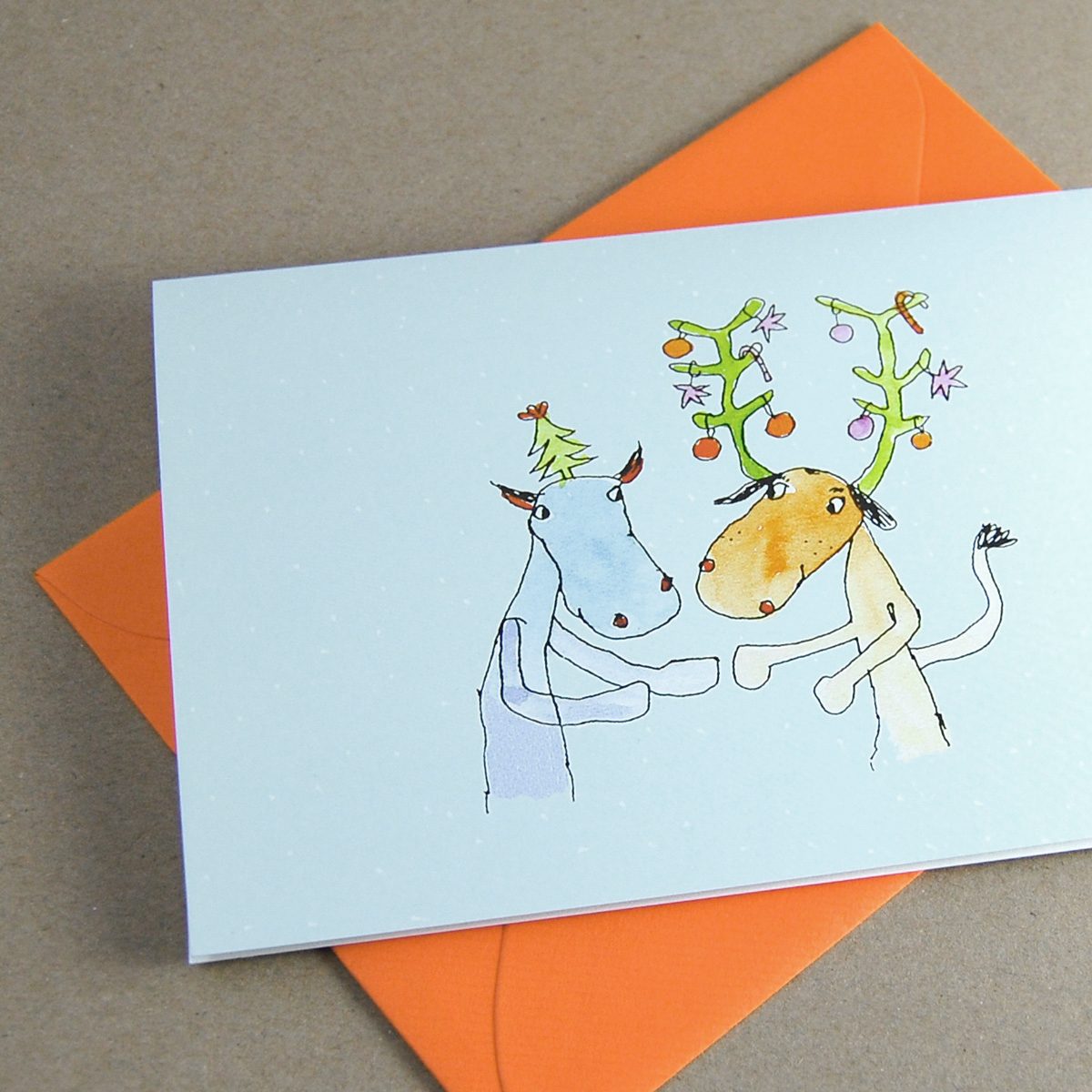 Druschba - Frieden, Cartoon-Weihnachtskarten mit orangen Umschlägen