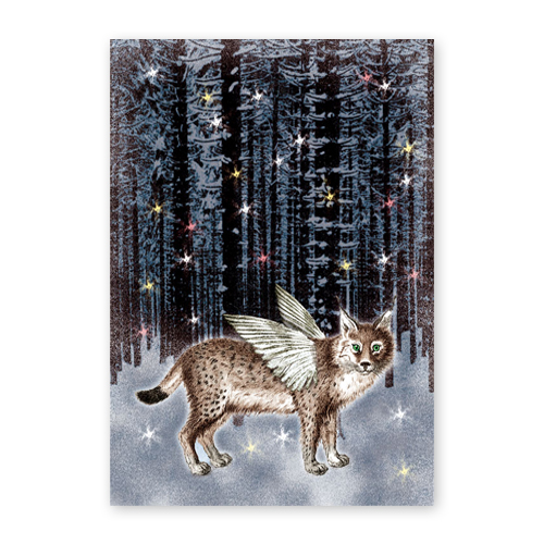 Weihnachtspostkarten: Winterengel (geflügelter Luchs im Wald)
