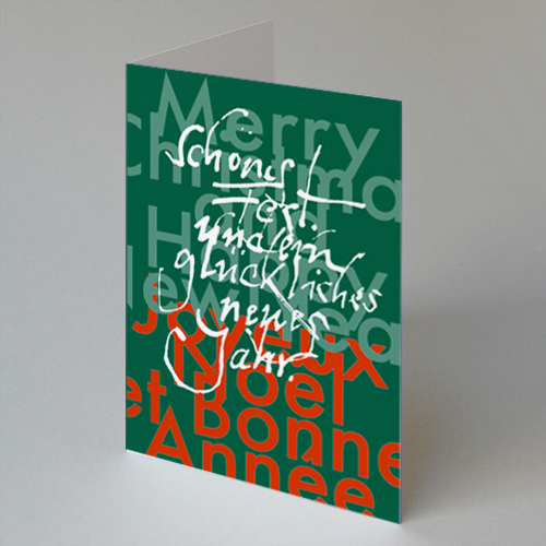 Schönes Fest und ein glückliches neues Jahr, kalligrafische Weihnachtskarten in drei Sprachen, DIN A5