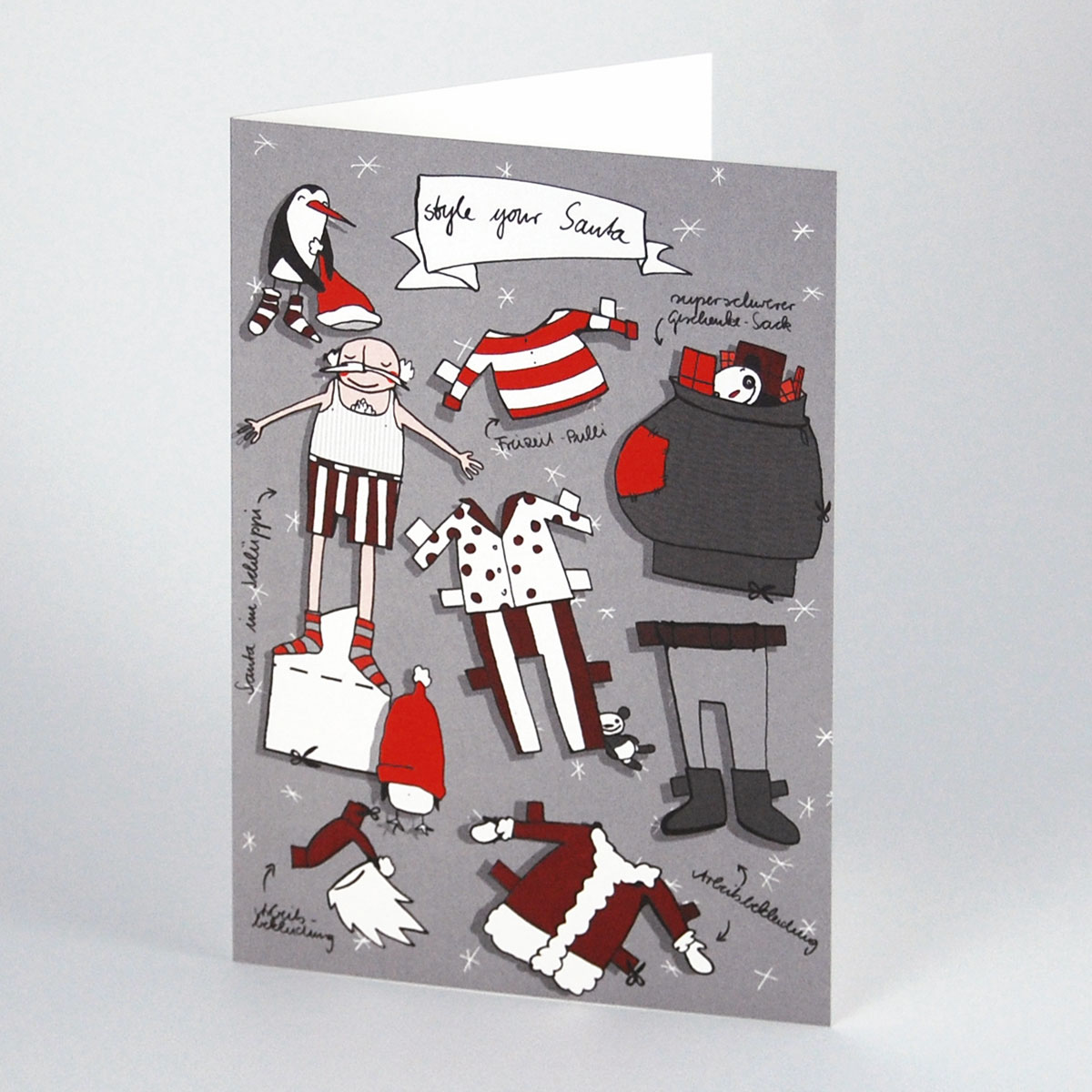 Style your Santa, witzige Weihnachtskarten mit Weihnachtsmann zum Ausschneiden und Anziehen