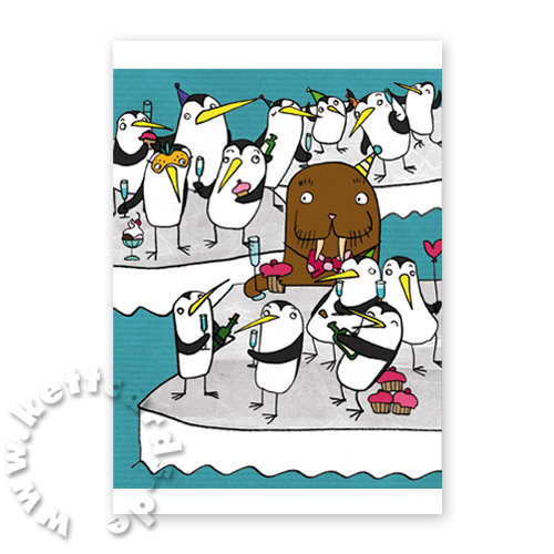 Pinguine und Walross stoßen gemeinsam auf das Neujahr an, witzige Neujahrskarten aus der Antarktis