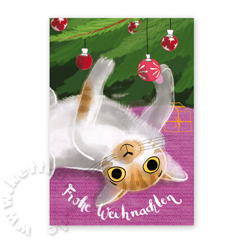 Katze spielt mit Christbaumschmuck, witzige Weihnachtskarten