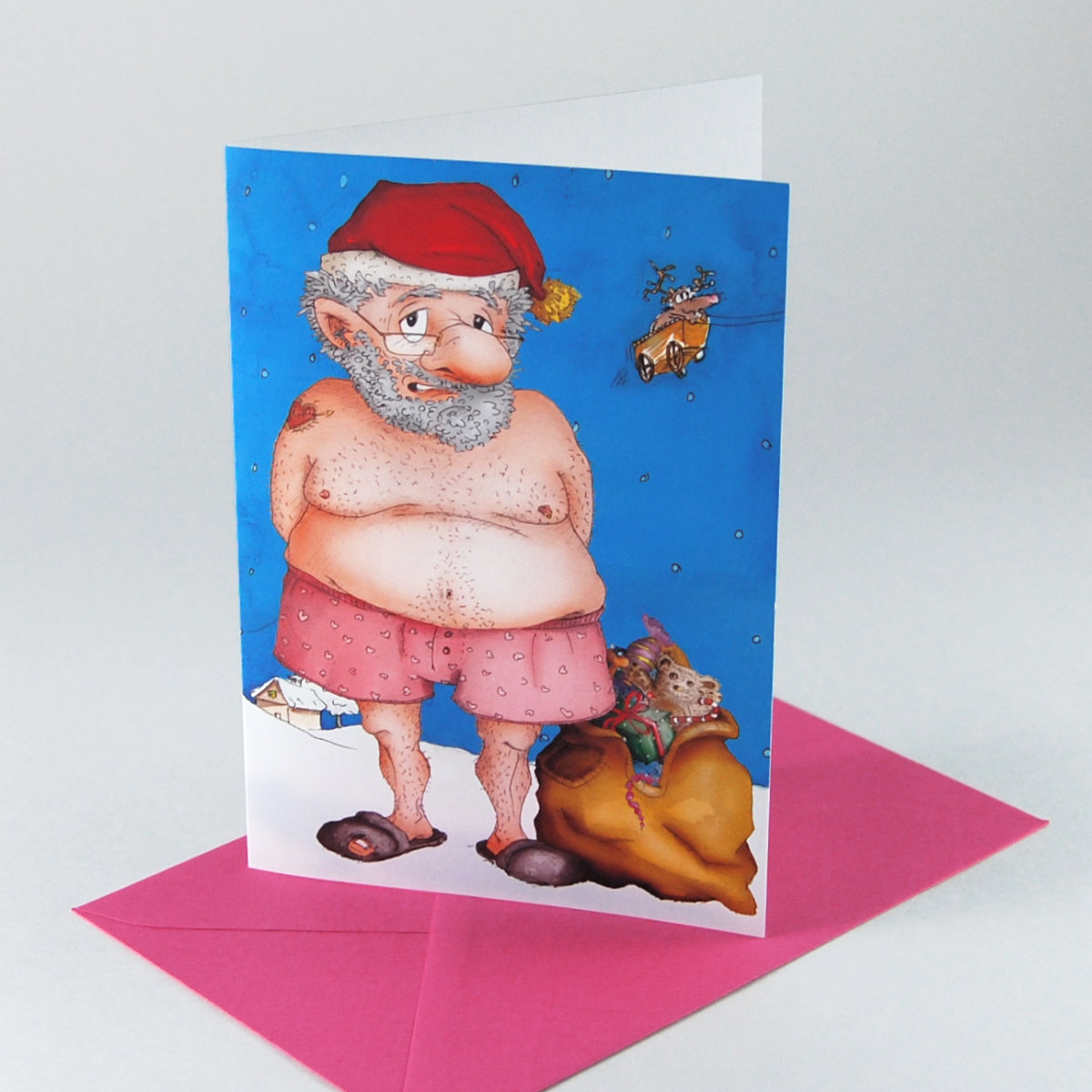 witzige Weihnachtskarten mit pinken Umschlägen