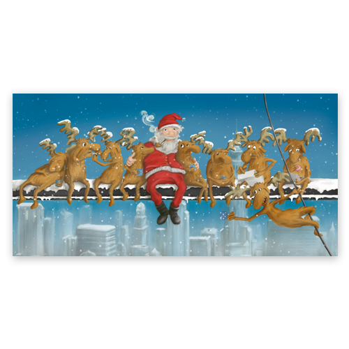 Wolkenkratzer, witzige Weihnachtskarten mit Weihnachtsmann und Elchen auf einem Baugerüst