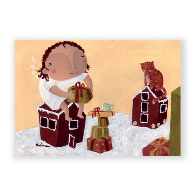 Engelchen auf einem Hausdach, gemalte Weihnachtskarten