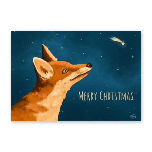 Merry Christmas, gemalte Weihnachtskarten mit Fuchs und Sternenhimmel