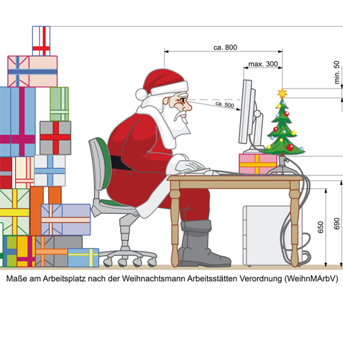 witzige Weihnachtskarten für Architekten: Weihnachtsmannarbeitsplatz nach Weihnachtsmannnorm