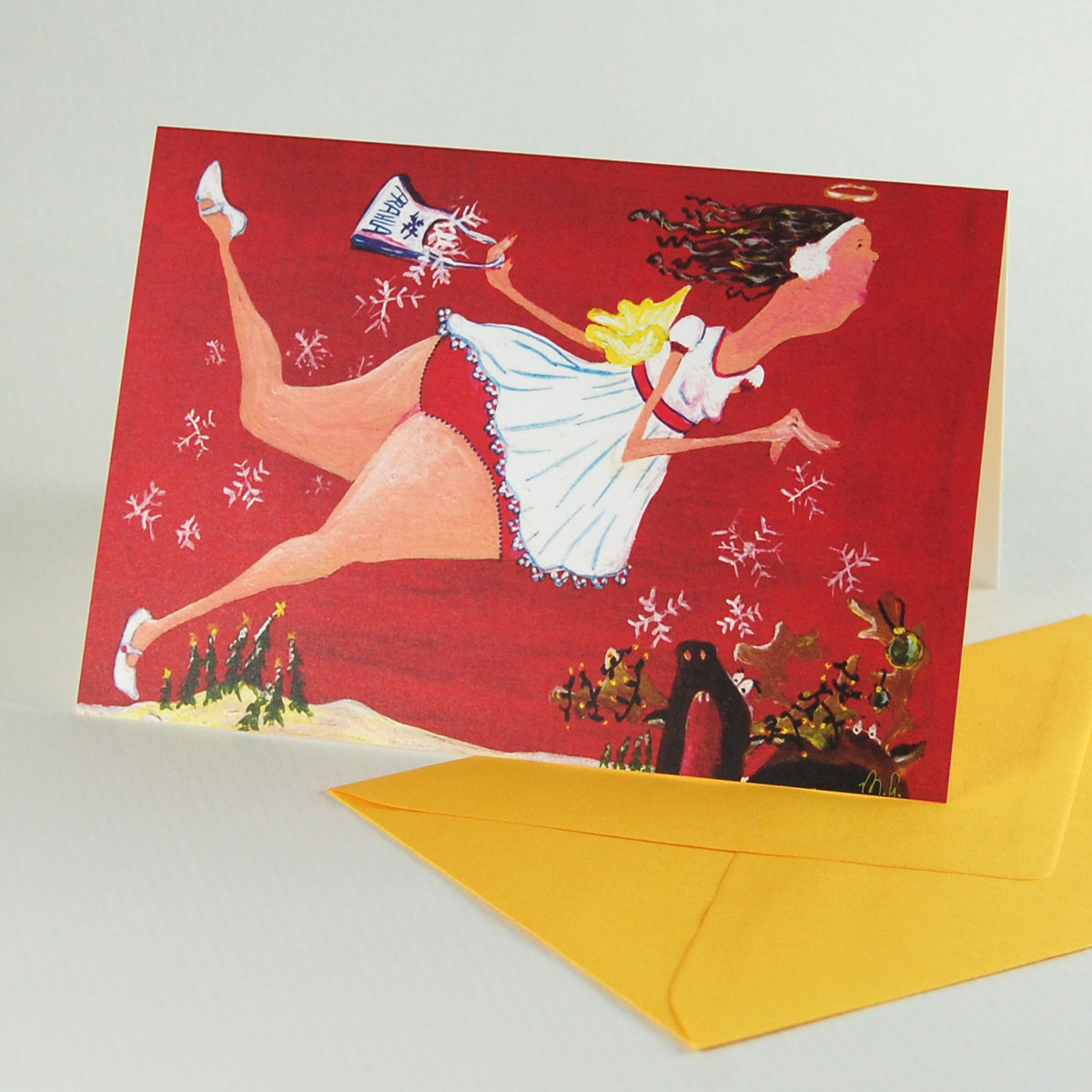 dickes Christkind, witzige Weihnachtskarten mit farbigen Umschlägen