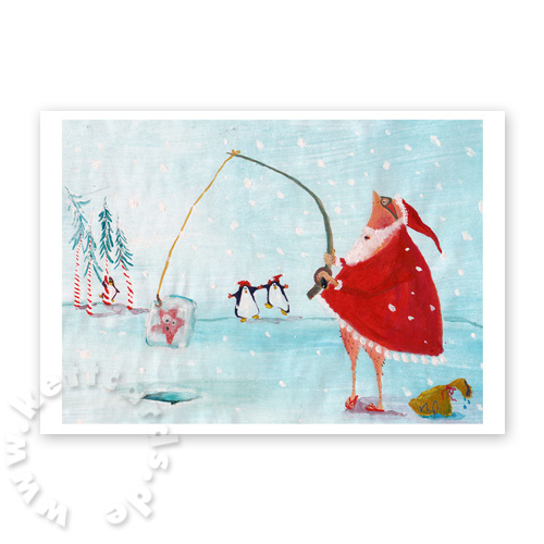 Weihnachtsmann mit haarigen Beinen beim Eis-Angeln, Weihnachtskarten für Wassersportler